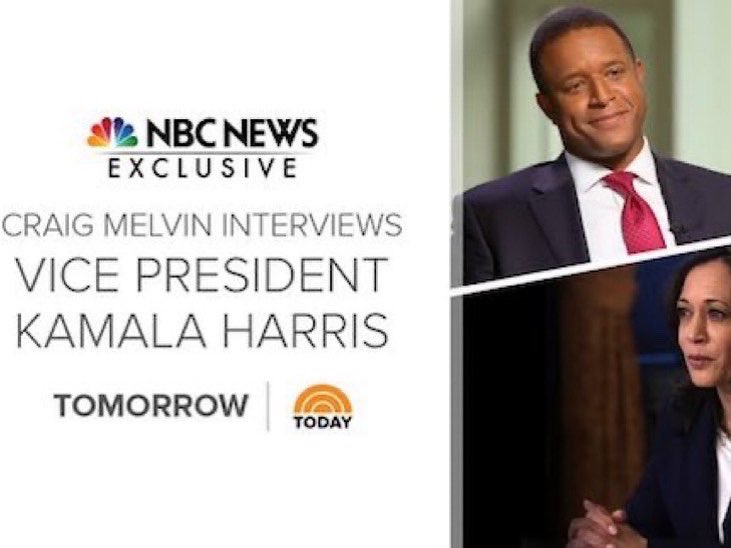 craigmelvin's tweet photo. Tomorrow morning on @TODAYshow my exclusive conversation with @VP Kamala Harris. We talked about the administration’s response to the pandemic, testing, masks, voting rights, 2024, and more. https://t.co/x2HJkIZe6U