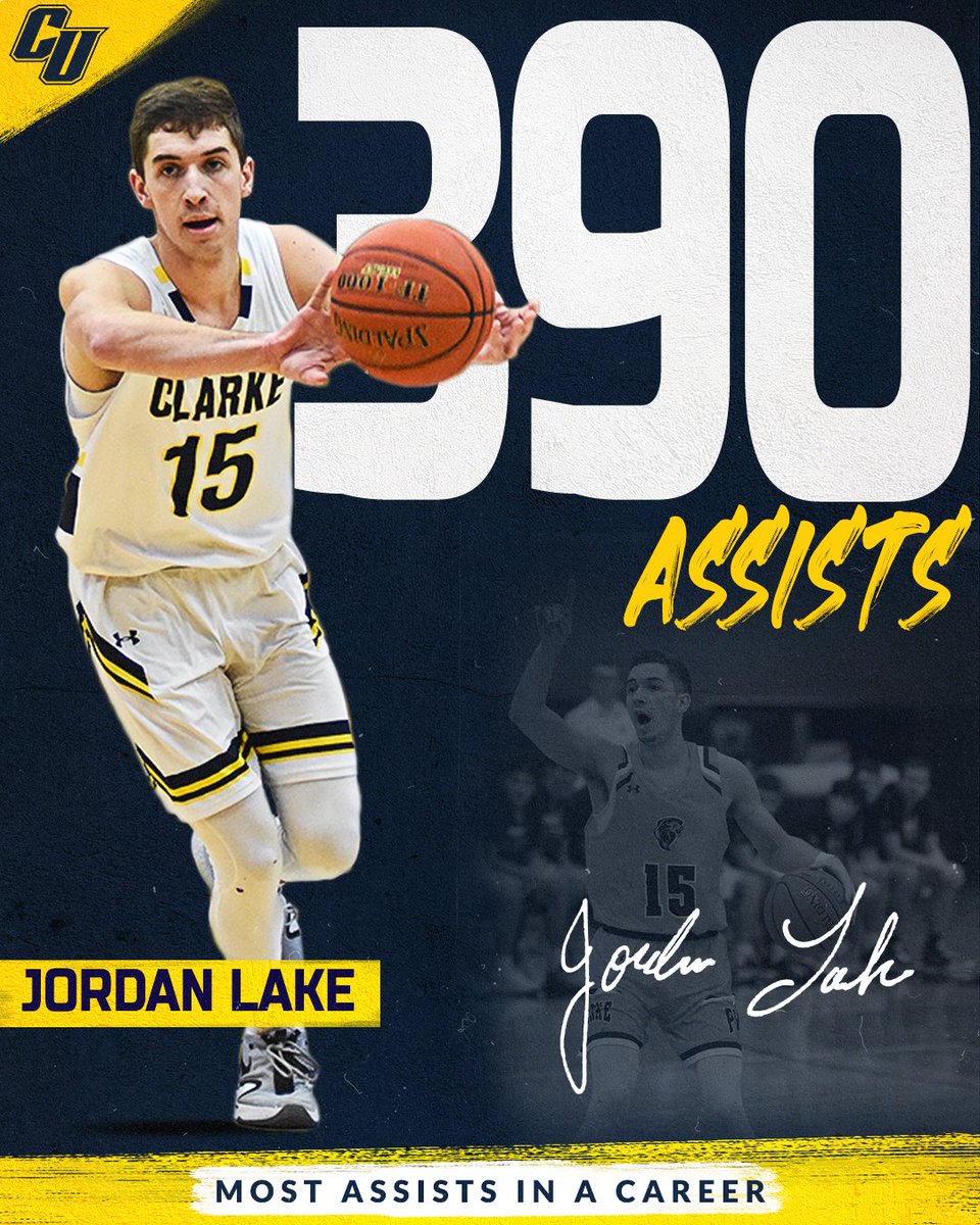 ClarkeMBB's tweet photo. AND NEW!!

The Clarke men's basketball career assists record holder is @JordanLake1010 after his 2nd assist tonight on a Jacob Fierst triple! https://t.co/RdSft5XpaA