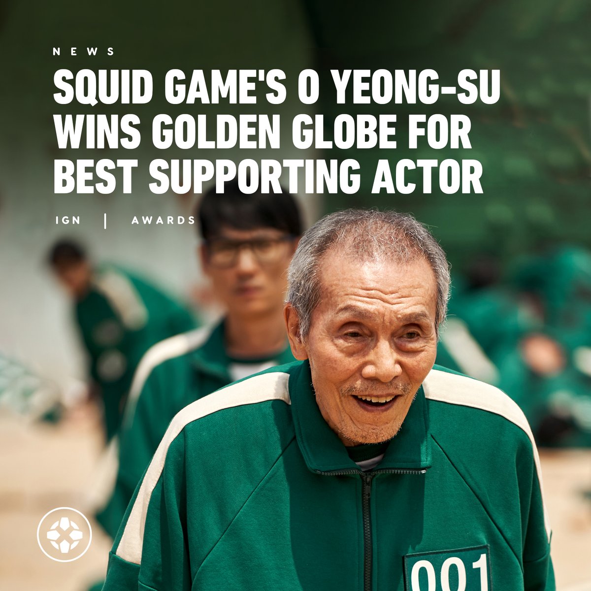 IGN's tweet photo. O Yeong-su, who played O Il-nam/Player 001, in Netflix’s hit series Squid Game, took home the Golden Globe for Best Supporting Actor in a Drama. He is the first South Korean actor to win in this category. https://t.co/xpGHK0C7Nj