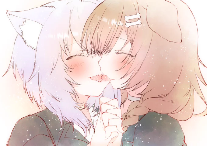戌神ころね×猫又おかゆ(*˘︶˘*).。.:*♡口づけ舌出し(*˘︶˘*).。.:*♡#できたてころね #絵かゆ 
