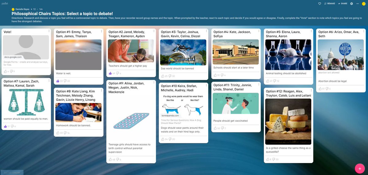 DReyesEdu's tweet photo. Our #PhilosophicalChairs debates were a blast this week! Various tools including @Padlet &amp; @GoogleforEdu #Jamboard helped support student choice, engagement, research, &amp; equitable voices. See how to do this in person, hybrid, &amp; fully virtual: https://t.co/f6JQOnAHYn #classdebates https://t.co/gm2HsrHHTg