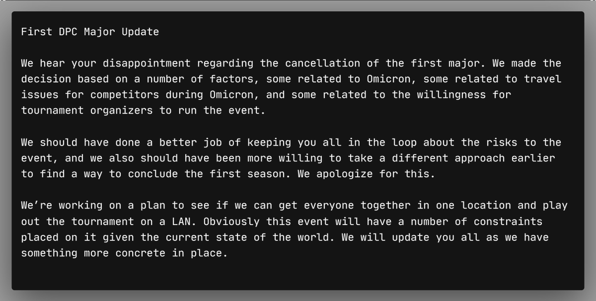 Valve has provided an additional update to the teams/players in regards to the <a href="/DOTA2/">DOTA 2</a> Winter Major.