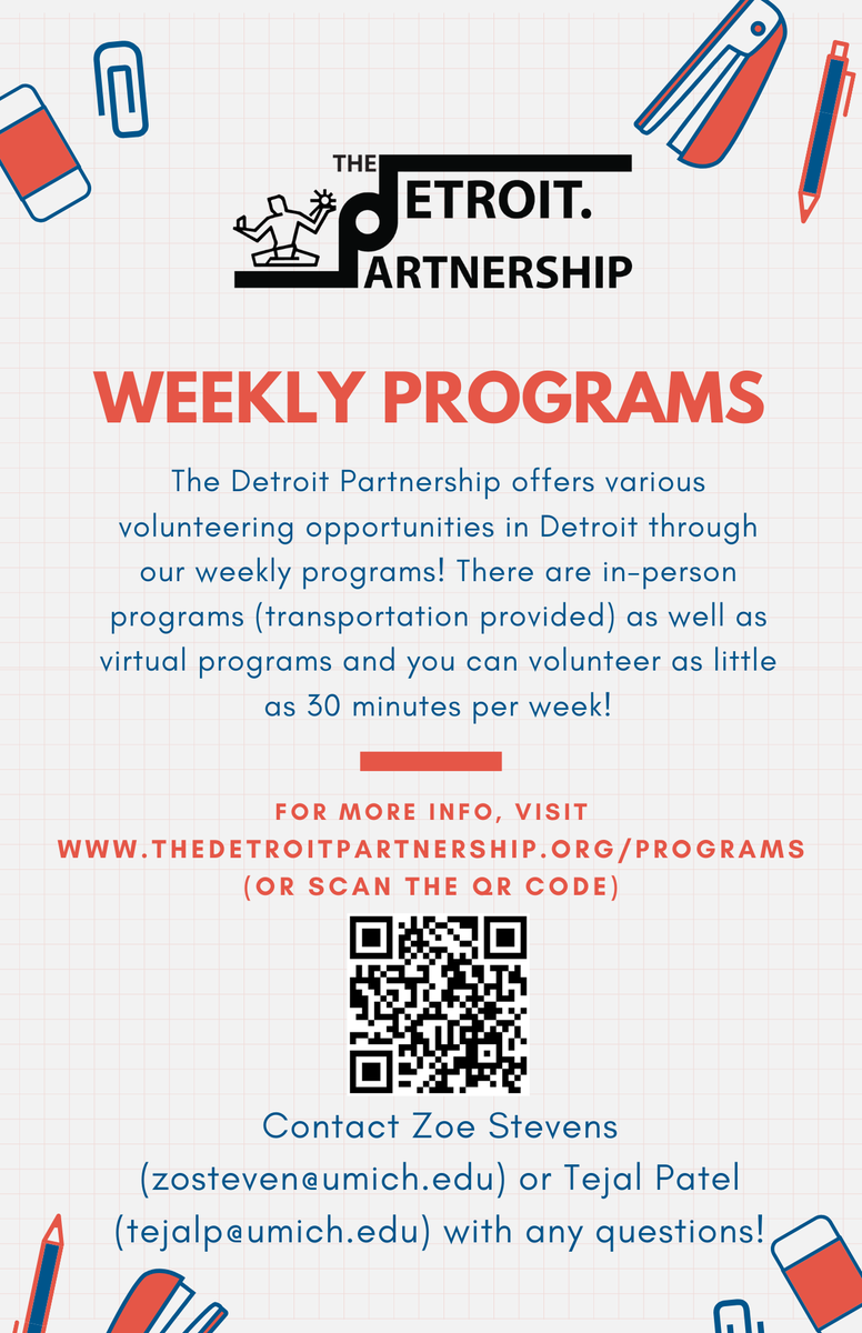Our weekly programs are a great way to get involved! You can teach kids sports, mentor kids, or tutor them. Learn more about our programs here. 
thedetroitpartnership.org/programs