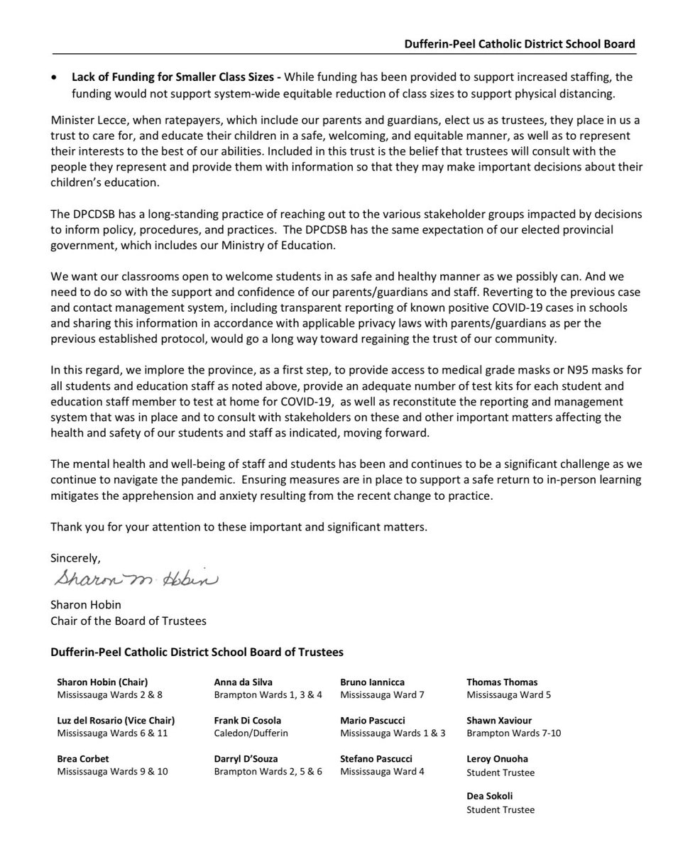 Thanking DP Trustees for supporting a motion to forward a letter to <a href="/Sflecce/">Stephen Lecce</a> expressing disappointment and concerns, over the lagging safety measures for students and staff upon their return. Including, not consulting with educational stakeholders.