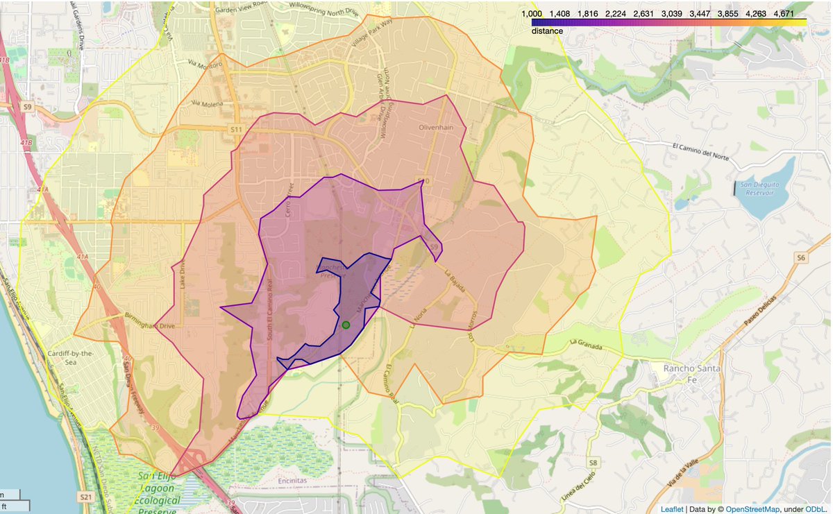 knaaptime's tweet photo. pandana +  libpysal + geopandas = fast interactive travel isochrones (computed locally) in the notebook.
Easy to explore how travel infrastructure conditions social behavior
 
will make it into geosnap after some cleanup/optimization :) 

@pysal_devs @geopandas @urbansim https://t.co/sGcuvsVrnB