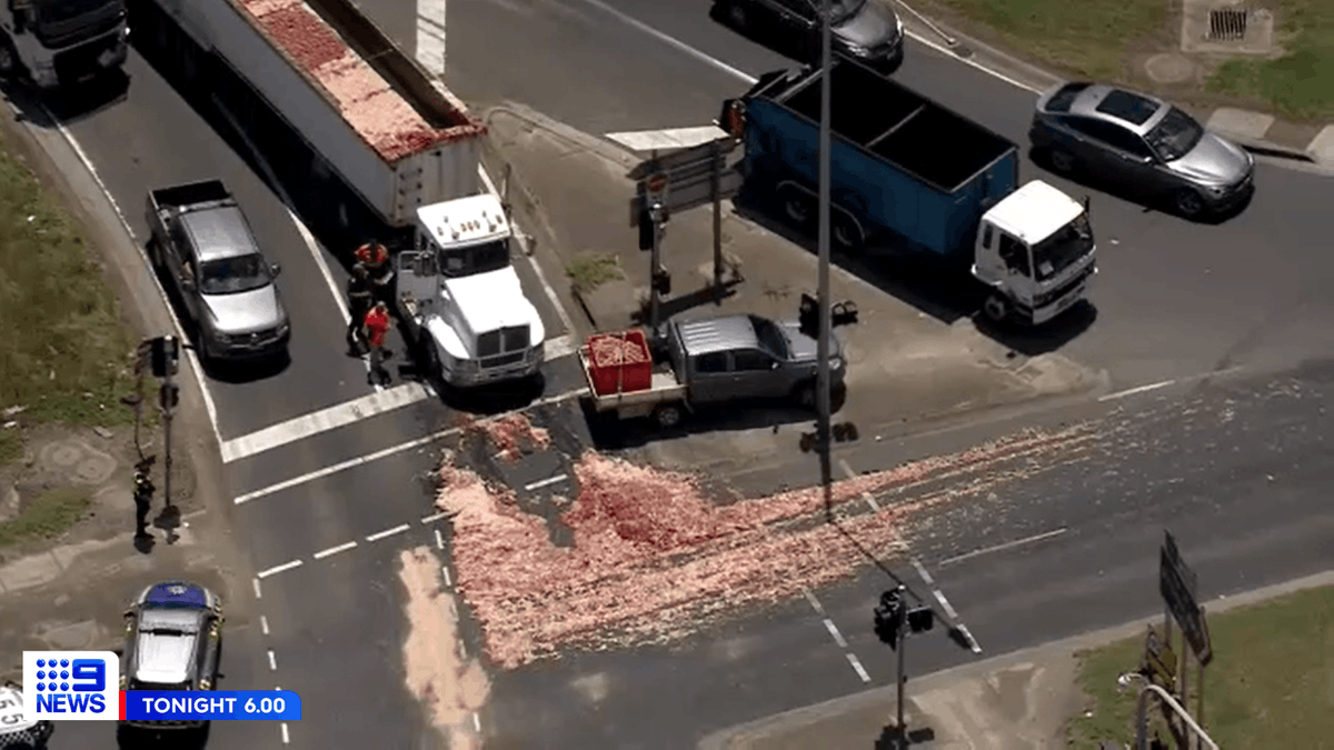 9NewsMelb's tweet photo. MEAT SPILL: The left lane of the M80 Boundary Road exit ramp has been CLOSED due to a truck spillage of animal entrails and meat waste.

The Department of Transport has warned that the gruesome cleanup "will take some time."

MORE: https://t.co/vEcwb05j0U

#9News https://t.co/FCGUqhU6xP
