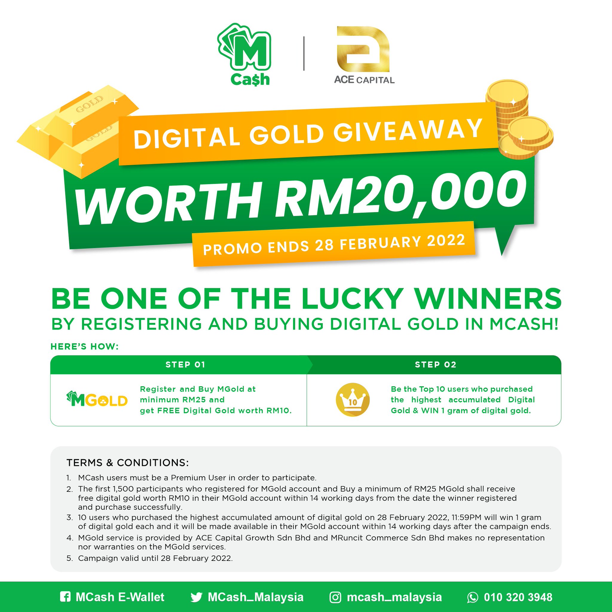 MCash E-Wallet on X: MCash is now offering a Shariah-compliant digital  gold trading feature called MGold! As an introductory promo, we are  offering free digital gold worth RM20,000. Download MCash here:  t.coIGVdIbilPB Full T&Cs on poster. https ...