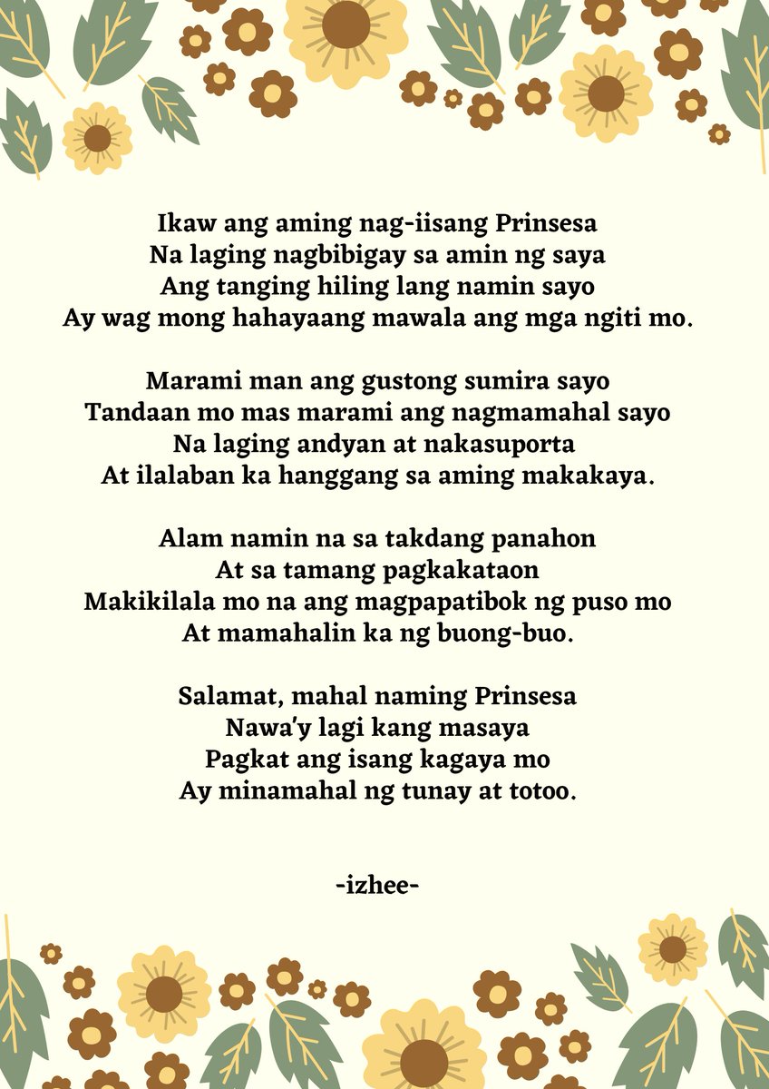 IzheeKeith's tweet photo. For you Queen @giecayetano 🌻🌻🌻
Sayang di nabasa ni sis @ChenEspinas nung finale campaign mo ang tulang ito. Sana magustuhan mo. Mahal ka namin 🌻🌻🌻

P.S. wag maxadong magpamiss 😁✌️ https://t.co/ZFPVrVmQ80