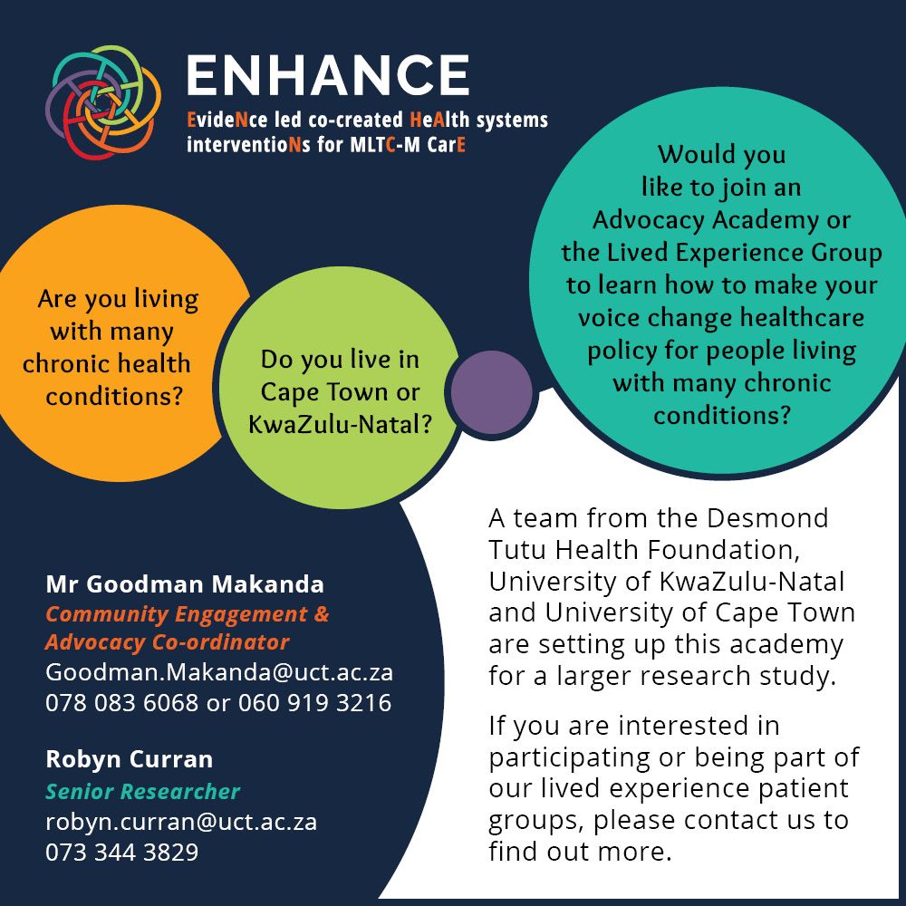 Knowledge Translation Unit (@ktu_pack) on Twitter photo Please retweet
Are you living with many chronic conditions?
Do you live in CPT or KZN?
Do you receive treatment at public facilities?
This may be your opportunity to participate in our Advocacy Academy or Lived Experience Group to use your voice to bring about change! Please retweet
Are you living with many chronic conditions?
Do you live in CPT or KZN?
Do you receive treatment at public facilities?
This may be your opportunity to participate in our Advocacy Academy or Lived Experience Group to use your voice to bring about change!