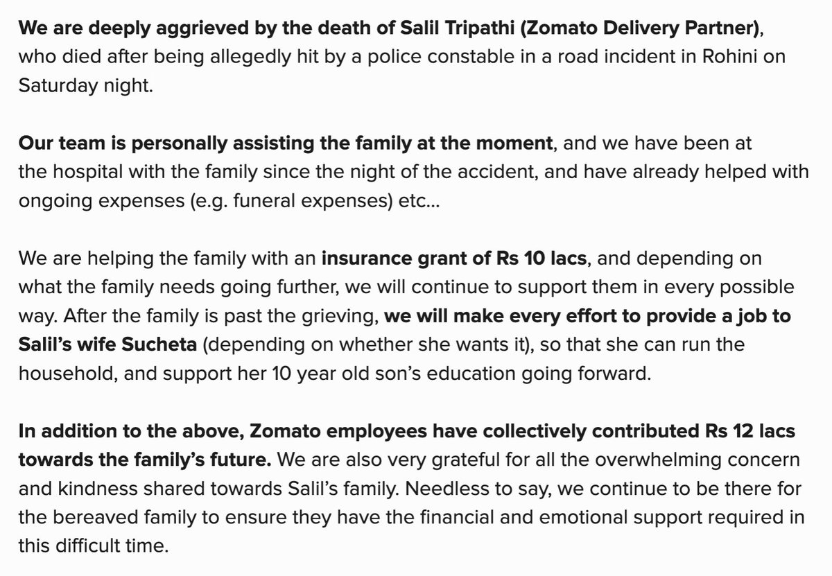 deepigoyal's tweet image. We are deeply aggrieved by the death of our delivery partner Salil Tripathi in an unfortunate road incident. We are extending all possible support to help the family get through this –