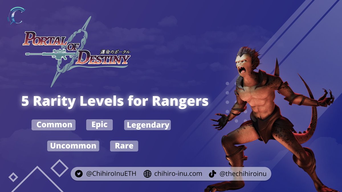 Our #Rangers in #PortalofDestiny will have 5⃣ levels of #Rarity. Ranging (pun intended) from Common 🧹 all the way to Legendary. 👑

Why? Well, because not all #Waifus are equal that's why. 😆

Join the #ChihiroArmy here 👉 t.me/ChihiroInuETH