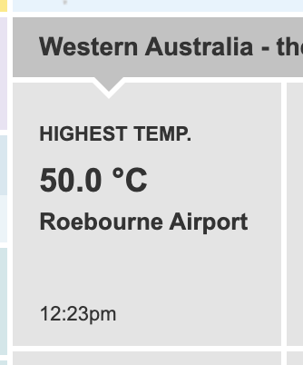 p_hannam's tweet photo. And there we have it, a 50-degree day in Australia. Only three others recorded (on decent monitoring equipment) in history, including two of those on consecutive days in January 1960. @BOM_au https://t.co/dpHFHJYsWb