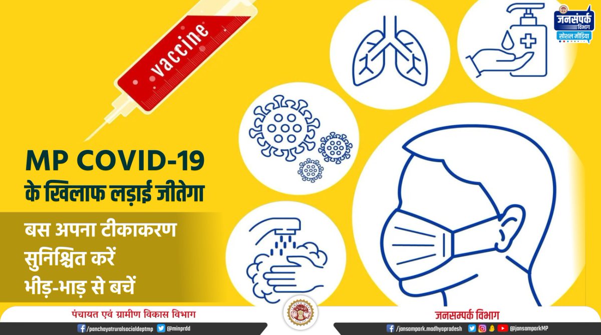 minprdd's tweet photo. #COVID19 का खतरा अभी पूरी तरह से खत्म नहीं हुआ है।

✅ खुद को और अपने प्रियजनों को सुरक्षित रखने के लिए कोविड अनुरूप व्यवहारों का हर समय पालन करें।
✅ अपना टीकाकरण सुनिश्चित करें।
✅ भीड़-भाड़ से बचें।

#MPFightsCorona #PRDMP  
#JansamparkMP https://t.co/wYNbdcxb8v