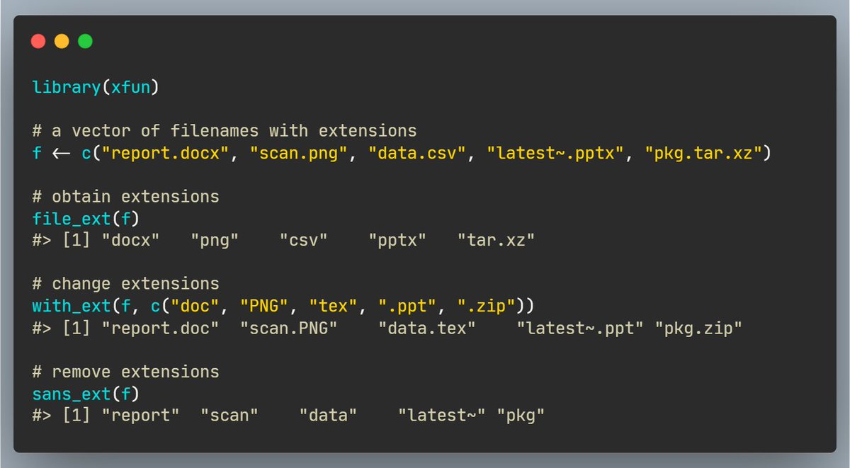 Filename extensions (.py, .csv, .pdf, etc.) decide the characteristics and intended usage of files, and we may wish to work with them further in R. The {*_ext} function family in {xfun} 📦 provides helpers to do so! 🗂 rdrr.io/cran/xfun/man/… #rstats #DataScience