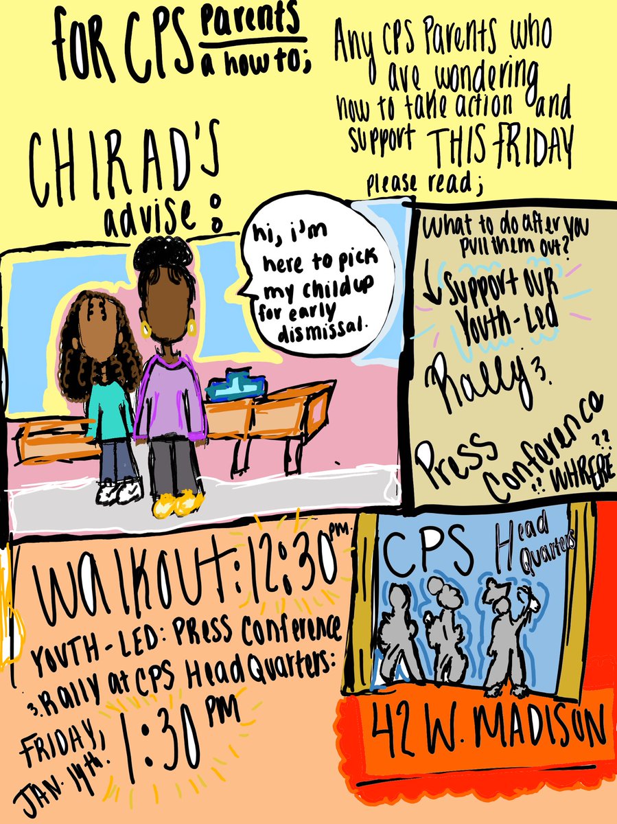 chiradsCPS's tweet photo. hey folks our beautiful human @catlynsavado has created these graphics to guide both students and parents as to actionable and preparation leading up to friday (the walkout) and what to do. and also for all non-students we will be rallying @ CPS HQ on 1/14 at 1:30pm!!! https://t.co/MYESsgdHsA