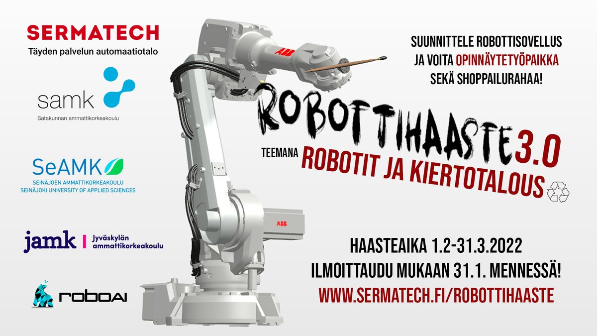 Opiskelija! #Robottihaaste 3.0 tulee! Suunnittele robottisovellus teemalla robotit ja kiertotalous. Voita opinnäytetyöpaikka ja shoppailurahaa! Ilmoittatuminen aukeaa huomenna 14.1. Mukana haasteessa @SatakunnanAMK <a href="/JAMK_fi/">Jamk</a> <a href="/SeAMK/">SEAMK</a> @RoboAI2 
#robotics #automation #studenchallenge