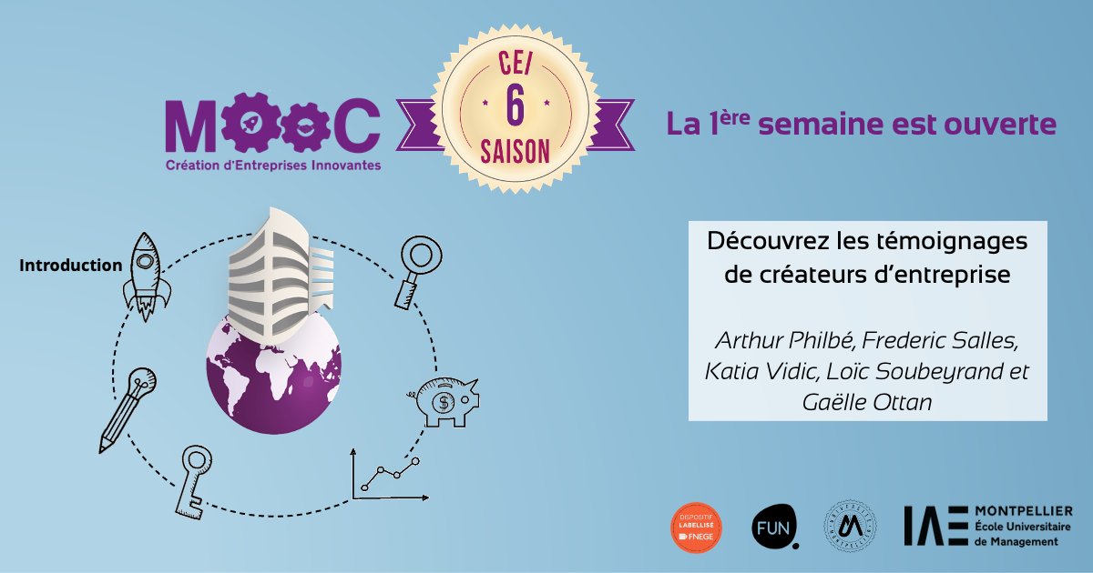 Le #MOOC Création d’entreprises innovantes est ouvert sur <a href="/FunMooc/">France Université Numérique</a> 😊 Cette semaine, découvrez les témoignages de <a href="/ArthurPhilbe/">ArthurPhilbe</a>, <a href="/salles_frederic/">Frederic SALLES</a>, <a href="/KatiaVidic/">Katia VIDIC</a>, <a href="/loicsoubeyrand/">Loïc Soubeyrand</a> &amp; <a href="/GaelleOttan/">OTTAN Gaelle</a>! Ils vous donnent les 1ères clés pour construire un projet entrepreneurial ⚒ #startup