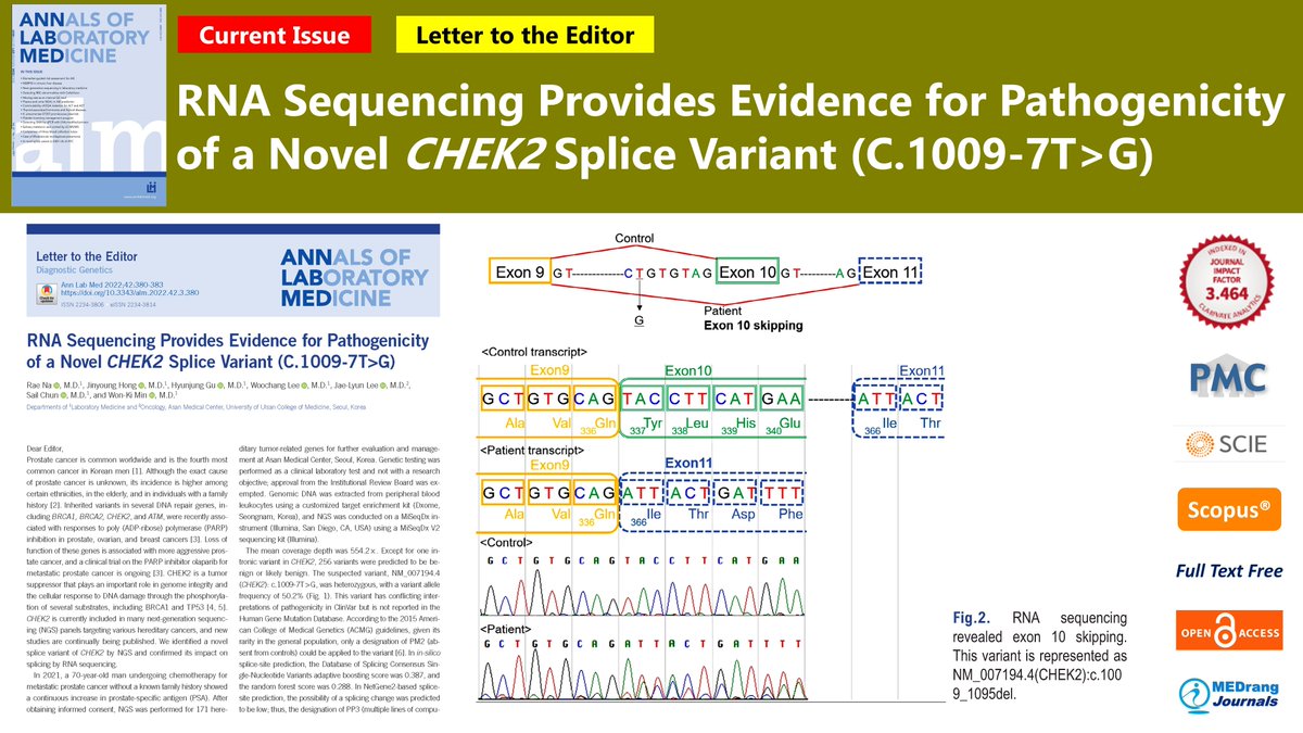 AnnLabMed's tweet photo. RNA Sequencing Provides Evidence for Pathogenicity of a Novel CHEK2 Splice Variant (C.1009-7T>G)
https://t.co/bTYIZFEj7w
#AnnLabMed 2022; 42(3) Woochang Lee, et al.
#Laboratory_Medicine #RNA_Squencing https://t.co/cwlaq8VhSC