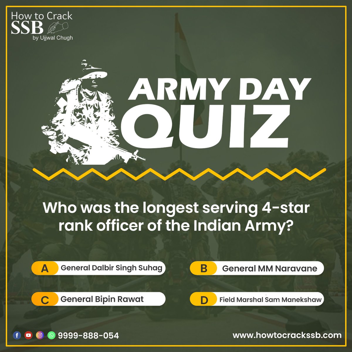 howtocrackssb's tweet photo. Day3 - "Army Day Quiz Contest"
How much do you know about the prestigious Indian Army?
Answer the question below👇👇
Hurry up! comment your answers in the comment box
#ArmyDay #IndianArmy #Soldiers #Quiz #indiansoldiers #HowToCrackSSB https://t.co/Rwy6tjKktF
