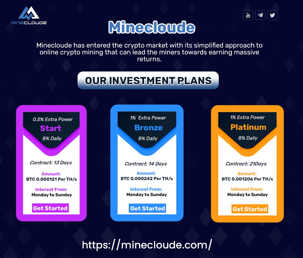 jennife23035042's tweet photo. Maximize Your Profit With #Minecloude
#Plan1: Slow
0.5% Extra Power
After 13days get a profit of 8%
Minimum deposit BTC 0.000121 Per TH/s
Interest From: Monday to Sunday
For more details, please visit the website: https://t.co/nMCFgKwleF https://t.co/Xz19OKFHuc