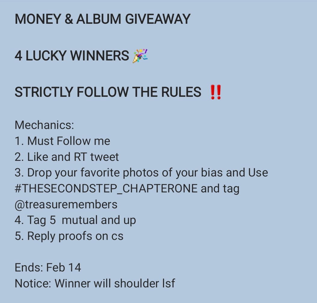 RRururururuuuu's tweet photo. TREASURE‼️ALBUM GIVEAWAY‼️🇵🇭
#THESECONDSTEP_CHAPTERONE

 4 LUCKY WINNERS 🎉

1st prize sealed Photobook (Random ver.)
2nd prize sealed Digipack of your choice.
3rd prize 200php tru Gcash.
4th prize 100php tru Gcash. 

Ends: Feb 14

See photos for mechanics https://t.co/gd0WYME3Ay