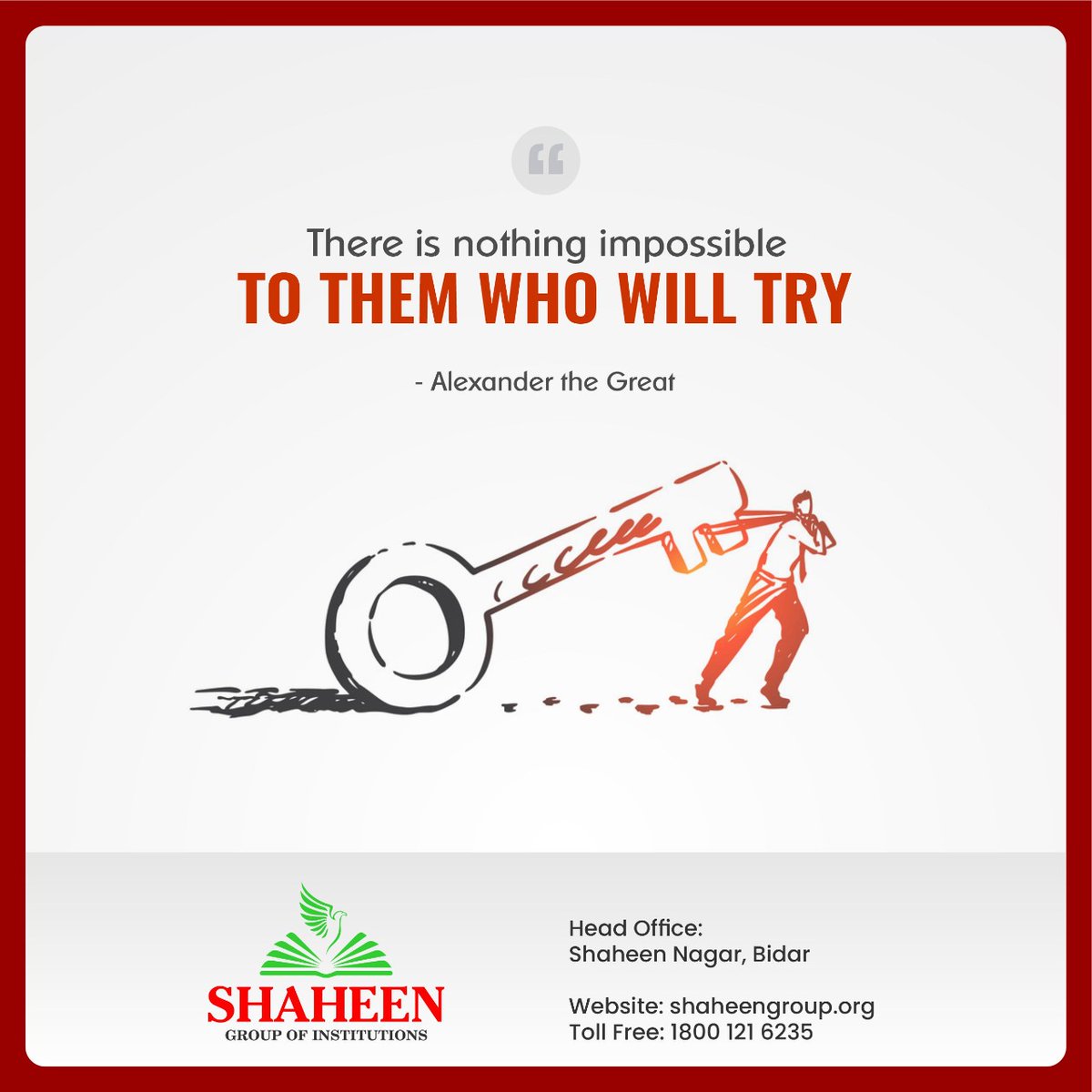 DrQadeerShaheen's tweet photo. “There is nothing impossible to they who will try.”
— Alexander the Great
#ShaheenBidar #bidarcity #Motivational #youthempowerment https://t.co/GXWj8kcLfO