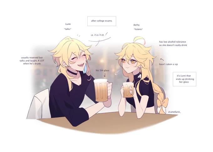 more Aethy and Lumi ft. College AU!🍻🖍️
#Aether #Lumine 