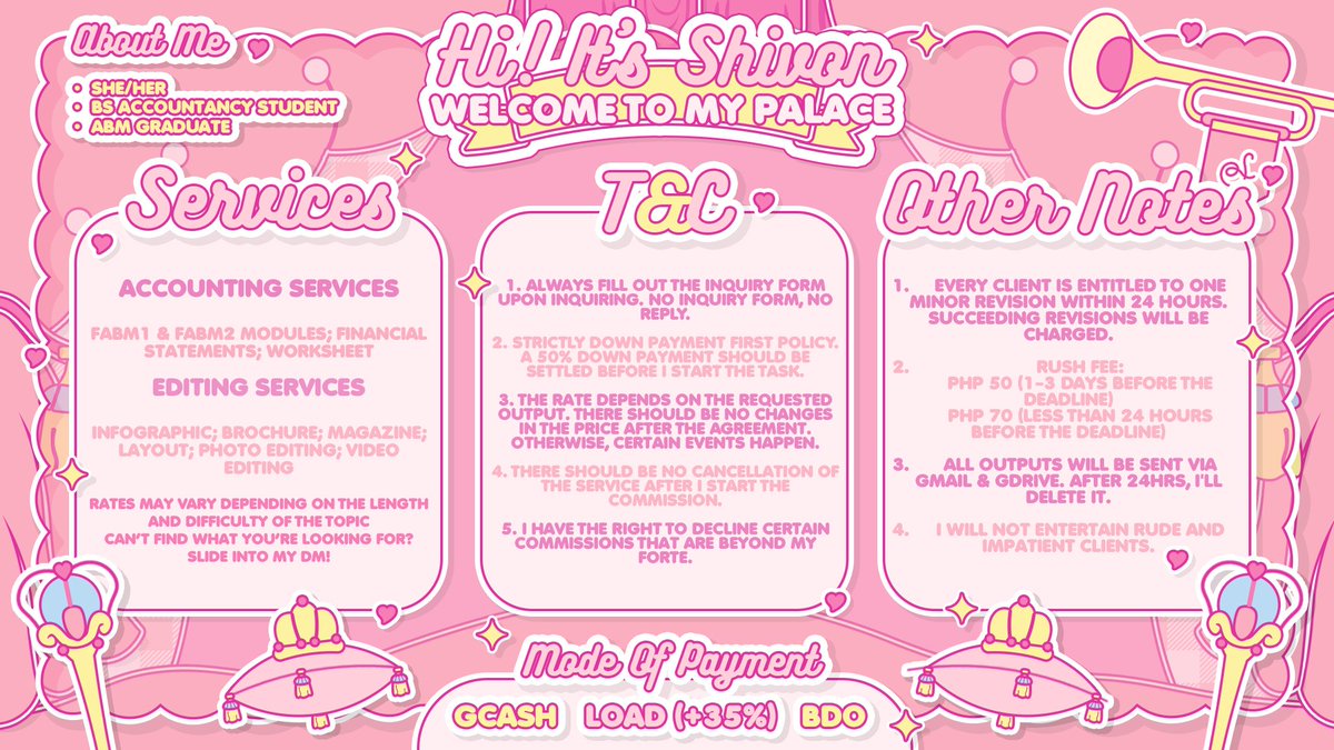 shecandoacad's tweet image. hi, hello! it&apos;s shivon ♡  

welcome to my palace!

need help? i&apos;m offering basic accounting &amp;amp; editing commissions! ꒰⚘݄꒱
  
   – rates are vv student-friendly
   – guaranteed fast &amp;amp; high-quality output
  
navigation:
 ꔣ #shivonproofs – for feedback

꒰ get your sparkle on! ꒱