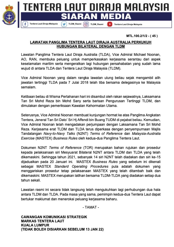 tldm_rasmi's tweet photo. Siaran Media 13 Januari 2022: LAWATAN PANGLIMA TENTERA LAUT DIRAJA AUSTRALIA PERKUKUH HUBUNGAN BILATERAL DENGAN TLDM
#NavyNews 
#DiplomasiPertahanan https://t.co/vkp3q1awJb