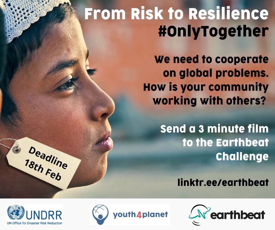 Are you or do you know young people working to build resilience? There's still time to submit a 3 minute film. Read more information here: buff.ly/3F9Sjix 
#earthbeatchallenge #oneearthbeat #Plan2Survive #PreventionSavesLives  #mobilejournalism #SendaiFramework