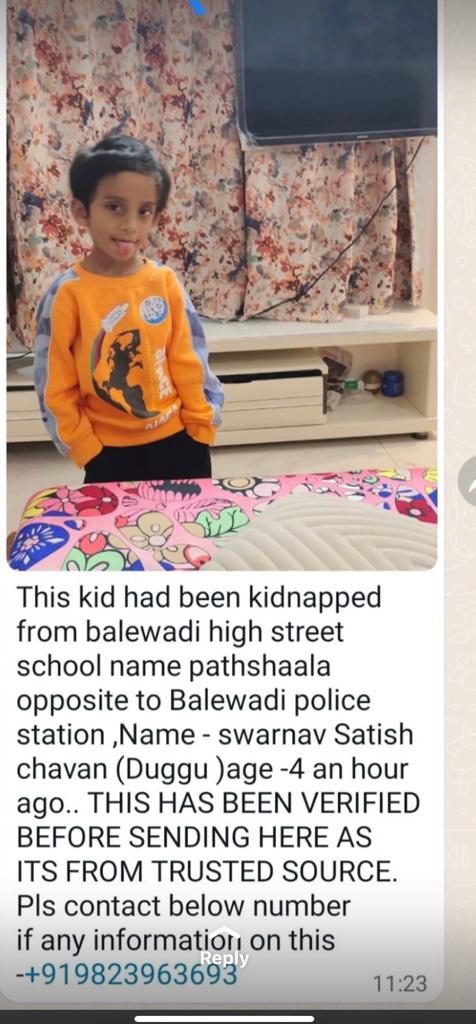 imkpgarje's tweet image. Please amplify sir 
@theskindoctor13
@DNeurosx 🙏 🔊

Missing Child is son of Dr.Satish chavan (consultant pediatrician, Jupiter hospital Baner, Pune ) who is kidnapped  since 3 days.