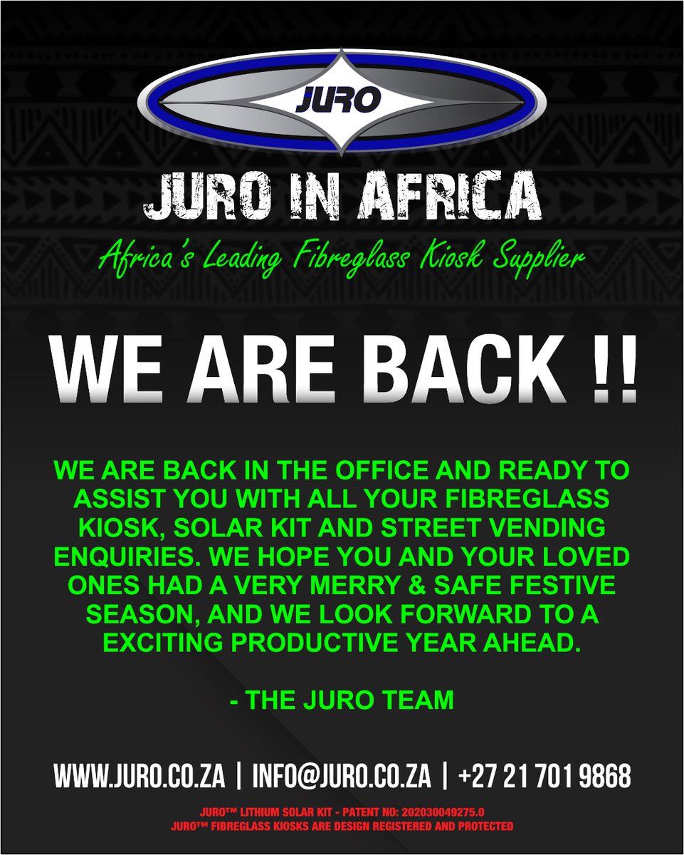 JuroTradingSA's tweet photo. WE ARE BACK !! We are back in the office and ready to assist you with all your Fibreglass Kiosk, Solar Kit and Street Vending enquiries.   For more information you can visit our website on https://t.co/PB0rYFUIGG or email us directly on info@juro.co.za. - The Juro Team https://t.co/caT7vo44ma