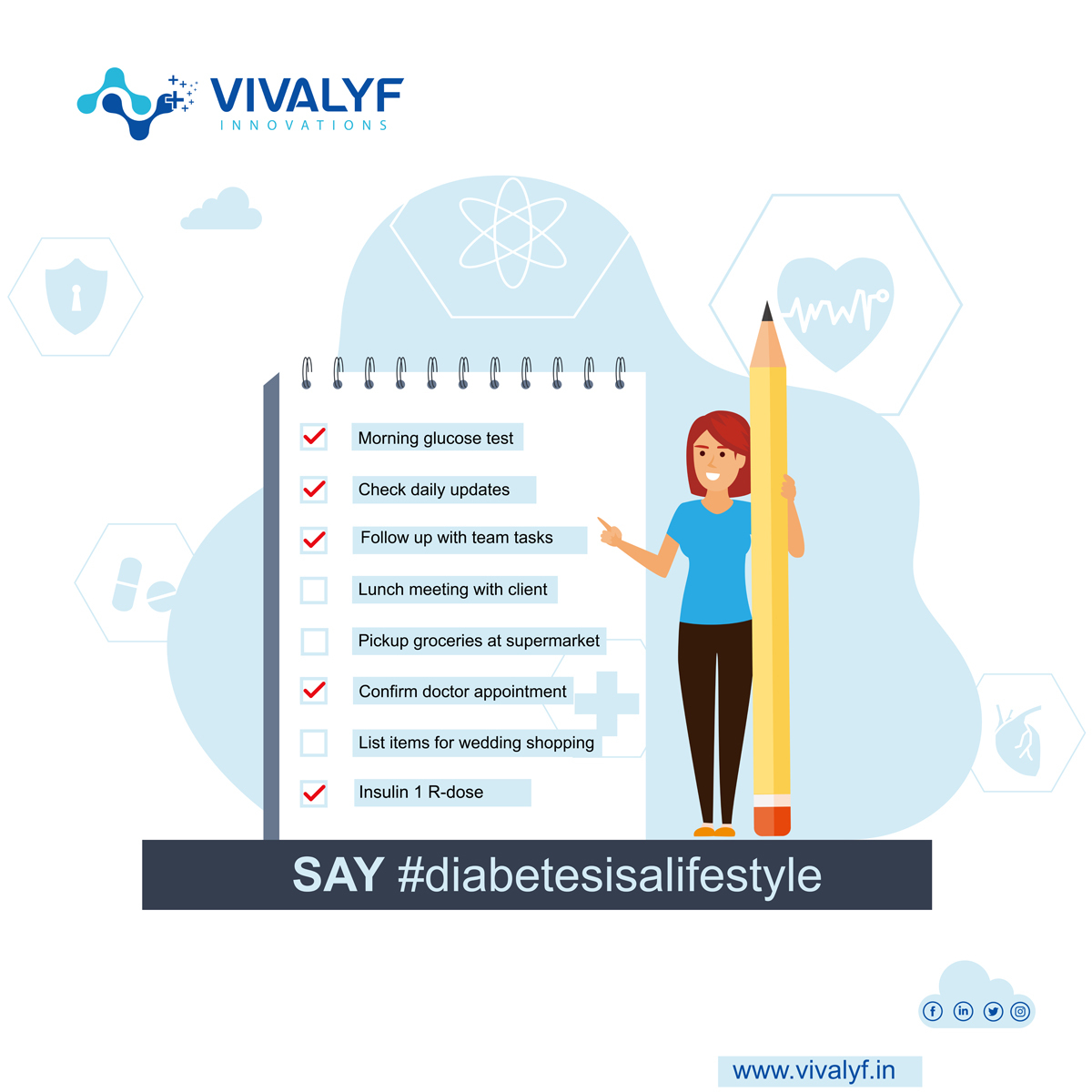 After diabetes it seems everything changes from eating sugarless food to daily health checkups. But remember you may have sick days, but you're not sick everyday. 

Visit us here to know more : vivalyf.in 

#vivalyf #healthcare #healthcareinnovation #diabeteslife