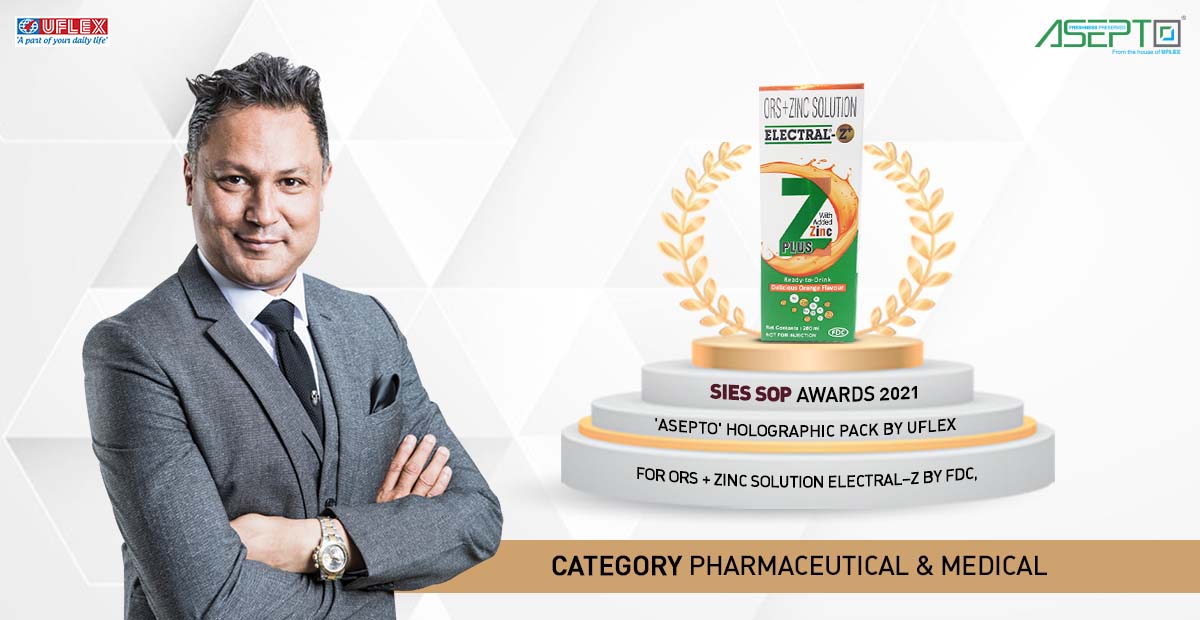 uflex_asepto's tweet photo. A crowning moment for Asepto on receiving the SIES SOP Award 2021 for an exclusive packaging  for FDC –Limited ORS+Zinc Solution Electral –Z+”in “Asepto Holographic Pack”. Ashwani Kumar Sharma, President &amp; CEO, Aseptic Liquid Packaging Business, UFlex Limited.
 #siessop #ORS https://t.co/LNQ2T3P7vN