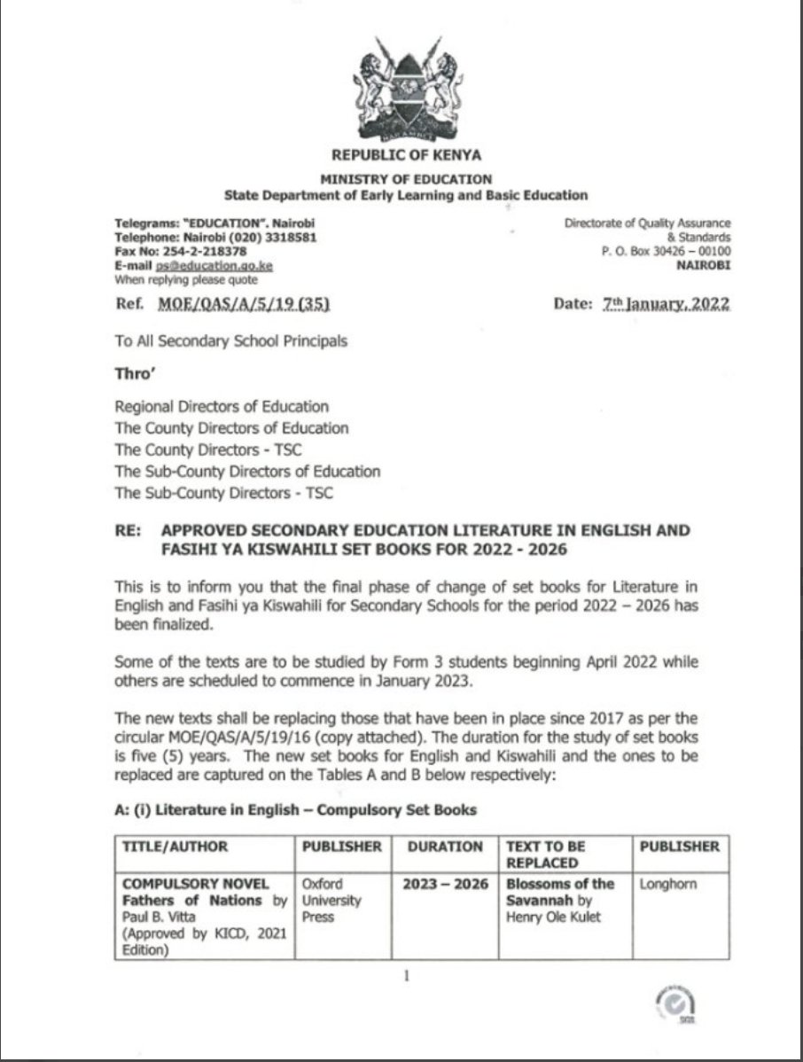 List of approved English setbooks for Kenyan students in 2023 