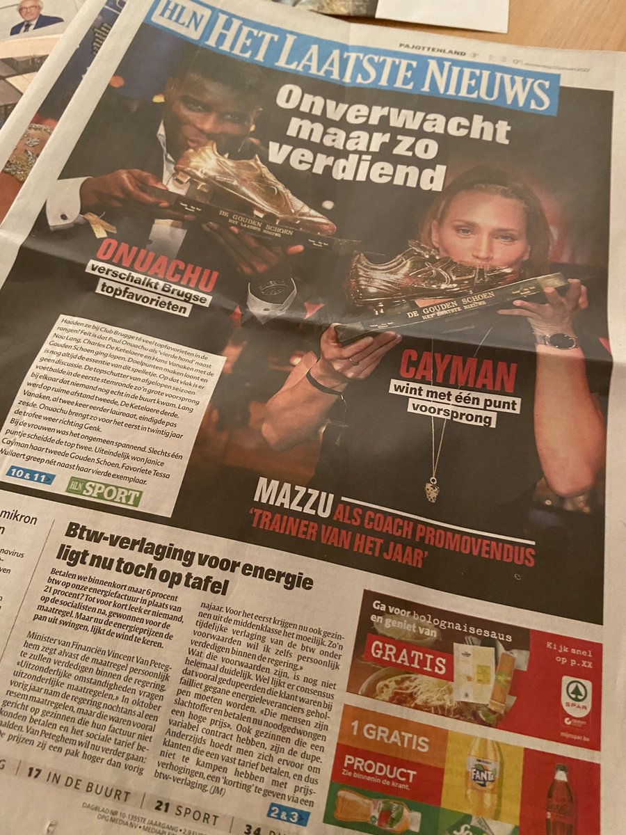 Twee even grote gouden schoenen op de voorpagina vanmorgen. Zoals dat hoort 👏<a href="/HLN_BE/">HLN.BE</a>