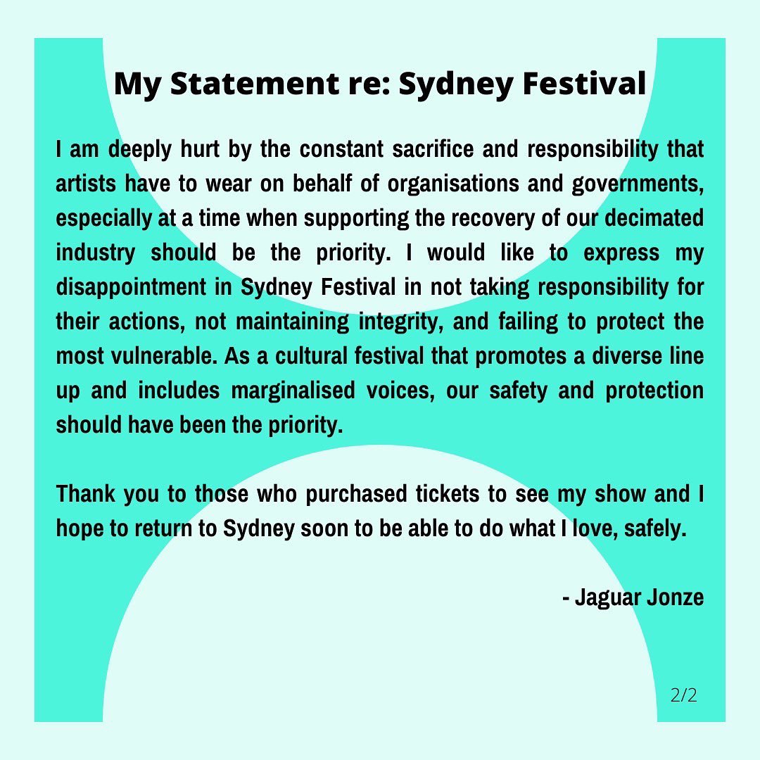 🚨💔 I have decided to withdraw & cancel my performance at Sydney Festival. Here is my statement. #SydneyFestival
