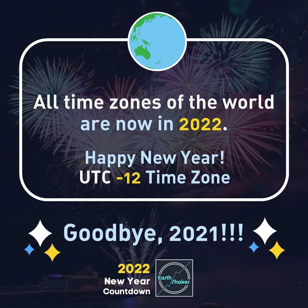GOODBYE, 2021!!! ALL TIMEZONES OF THE WORLD ARE NOW IN 2022

UTC -12 (Baker Island), the last time zone, finally entered the new year 2022 at 8:00 PM PhST. 

Hello, 2022 (two thousand twenty – two or too?).