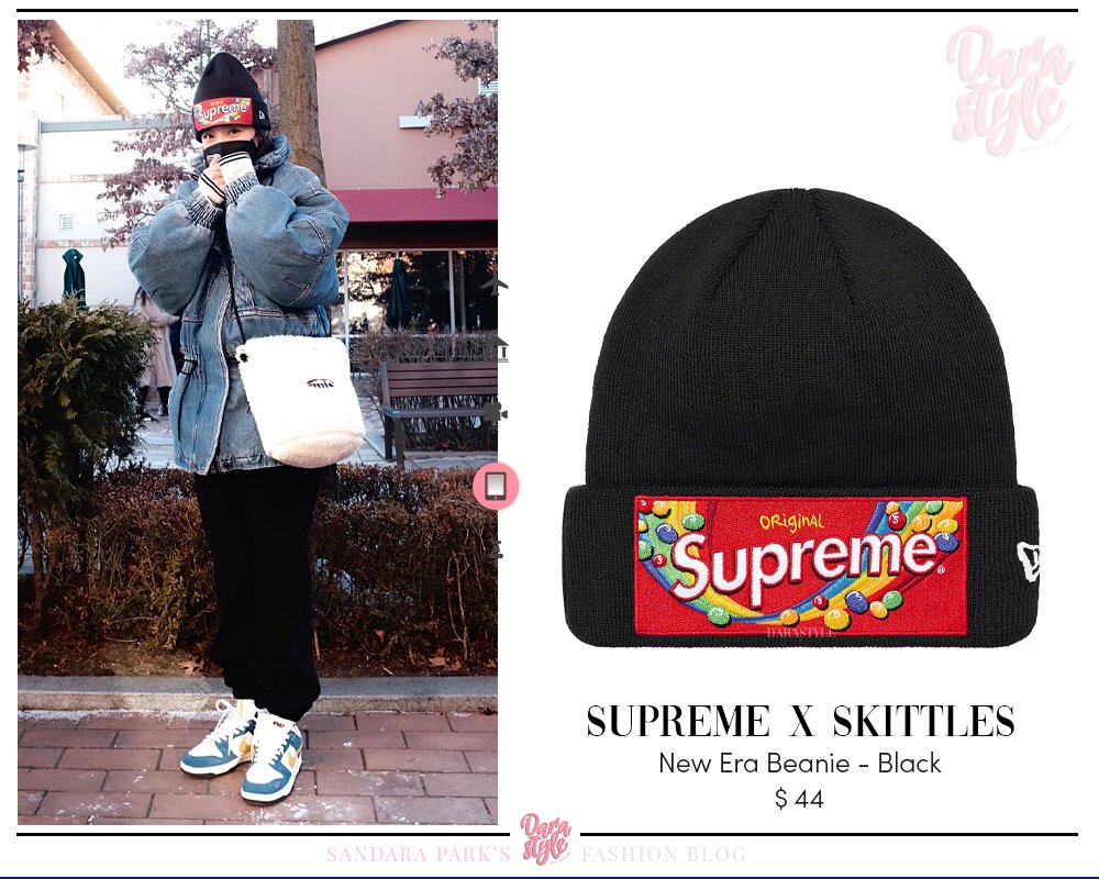 Dara Style on X: [SNS Update] 220101 - #DARA Twitter post, wearing: # SUPREME X #SKITTLES New Era Beanie - Black #ALEXANDERWANG Field Jacket In  Denim #EMIS New Logo Teddy Bear Mini Bag 