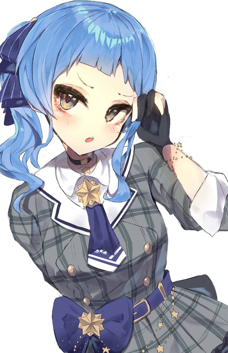 hoshimachi suisei 1girl solo blue hair gloves side ponytail white background choker  illustration images