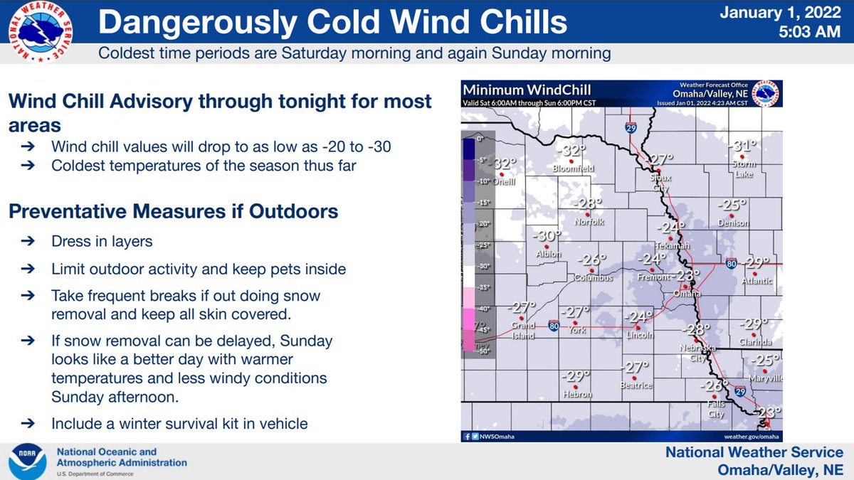 NWSOmaha's tweet photo. Dangerously cold wind chills of 20 to 30 below zero are forecast into early Sunday. If you must be outdoors during this winter storm, make sure to keep all skin covered and dress in layers to trap heat. Sunday will be a warmer/less windy day for snow removal! https://t.co/NJ5FMiJBNP