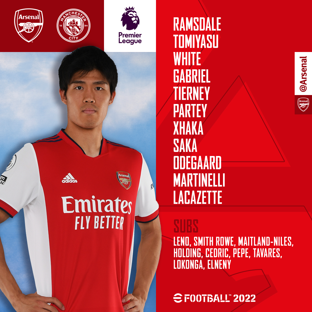 Our first starting XI of 2022…

🇯🇵 Tomiyasu returns 
🏴󠁧󠁢󠁥󠁮󠁧󠁿 <a href="/BukayoSaka87/">Bukayo Saka</a> starts 
🇧🇷 <a href="/gabimartinelli/">Gabriel Martinelli</a> in attack 

#ARSMCI 🔴