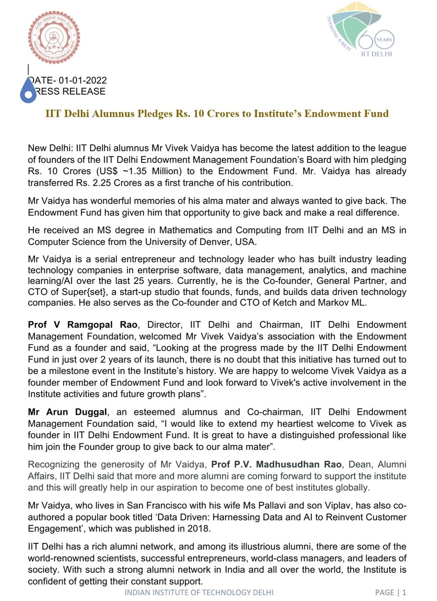 ramgopal_rao's tweet photo. IIT Delhi Alumnus Vivek Vaidya Pledges Rs. 10 Crores to Institute’s Endowment Fund
@iitdelhi @EndowmentF @iitdaa #iitdelhi #endowment #IIT
@supersetstudio @EduMinOfIndia https://t.co/h5QPRXYdZw
