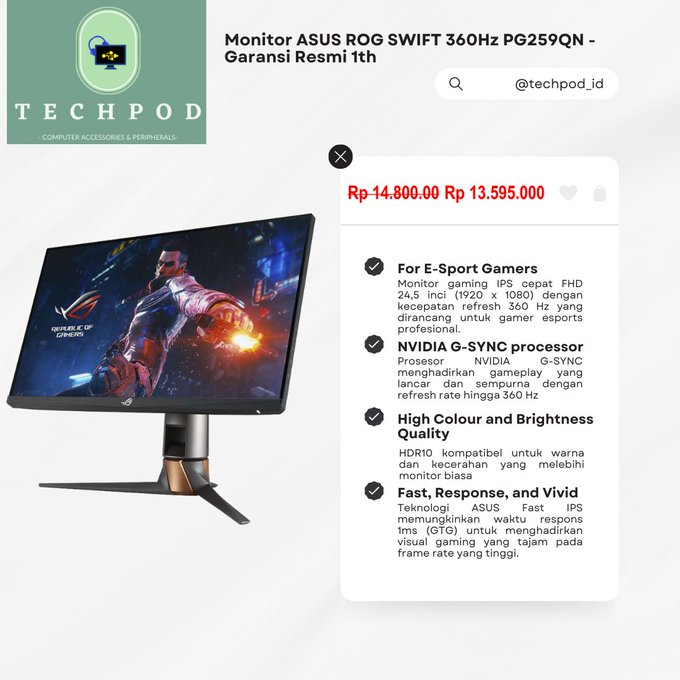 TechPod_id's tweet image. Monitor ASUS ROG SWIFT 360Hz PG259QN

Bagi anda yang fokus dalam bidang e-sports, monitor ini merupakan plihan yang pas untuk anda. Monitor ini dapat menghadirkan gameplay yang lancar dan tampilan ultra-realistics. Ayo dapatkan monitor ROG Swift ini sekarang hanya di @TechPod_id