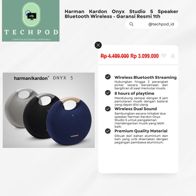 TechPod_id's tweet image. Harman Kardon Onyx Studio 5 Speaker Bluetooth Wireless

Speaker yang sangat nyaman digunakan di rumah dengan bentuk unik. Material yang berkualitas dengan aluminium dan kain khusus untuk meningkatkan experience suara yang dihasilkan.  Ayo belanja sekarang di TechPod!