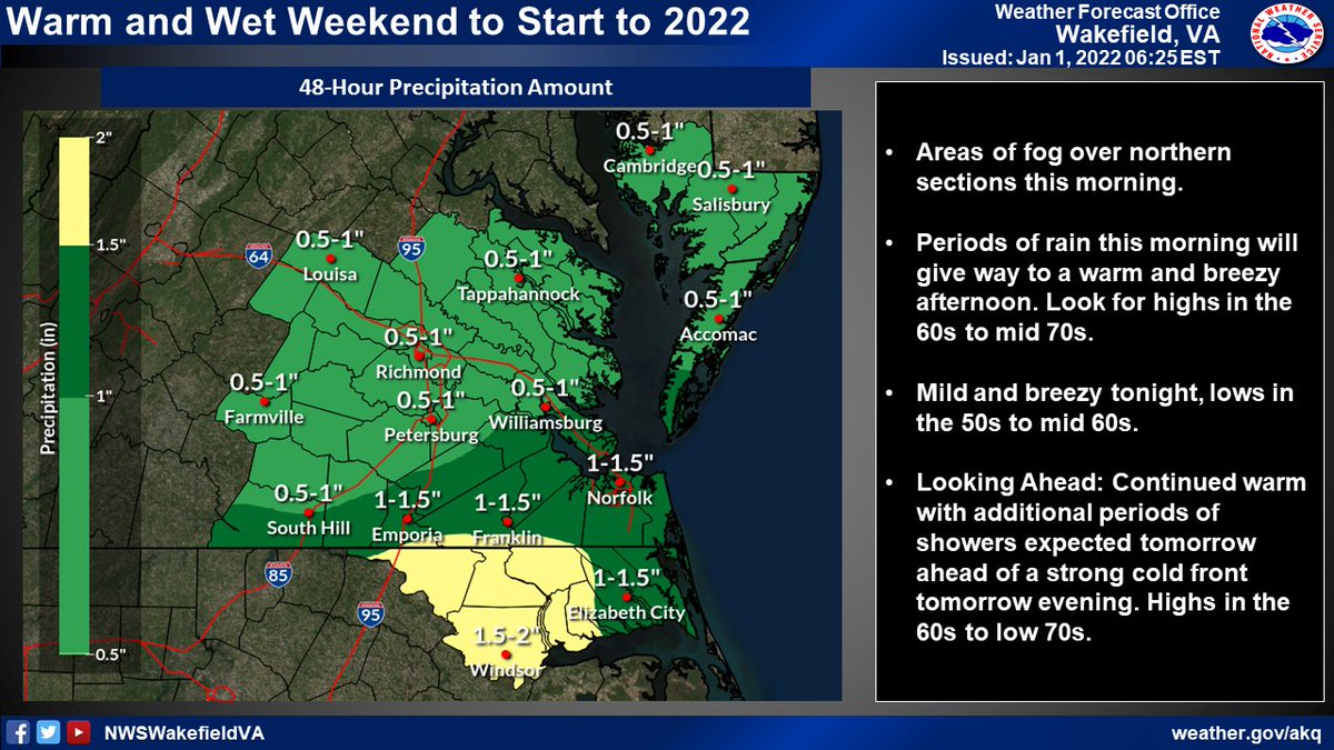 NWSWakefieldVA's tweet photo. Warm with periodic showers this weekend. A strong cold front will drop across the area Sunday night. Rain will likely mix with, then change to some light snow before ending Monday morning. A light accumulation of snow will be possible, mainly on grassy/elevated surfaces. https://t.co/4DcBDD2bVP