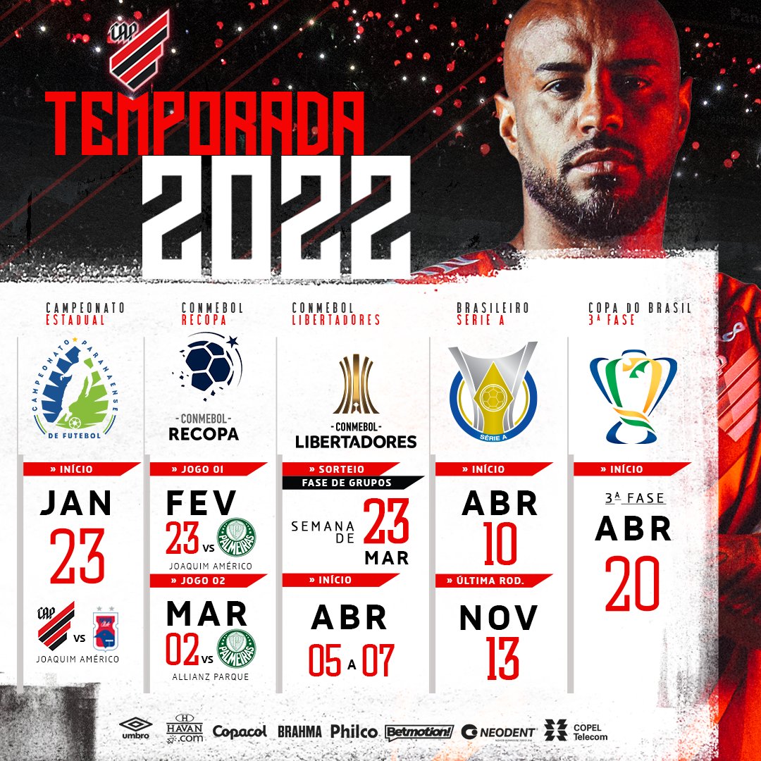 AthleticoPR's tweet photo. 🗓️ Essas são as nossas competições confirmadas para a temporada 2022!

VAMOS 🌪️

➡️ https://t.co/pONIg48KC3
#Athletico https://t.co/8aow24pr8H