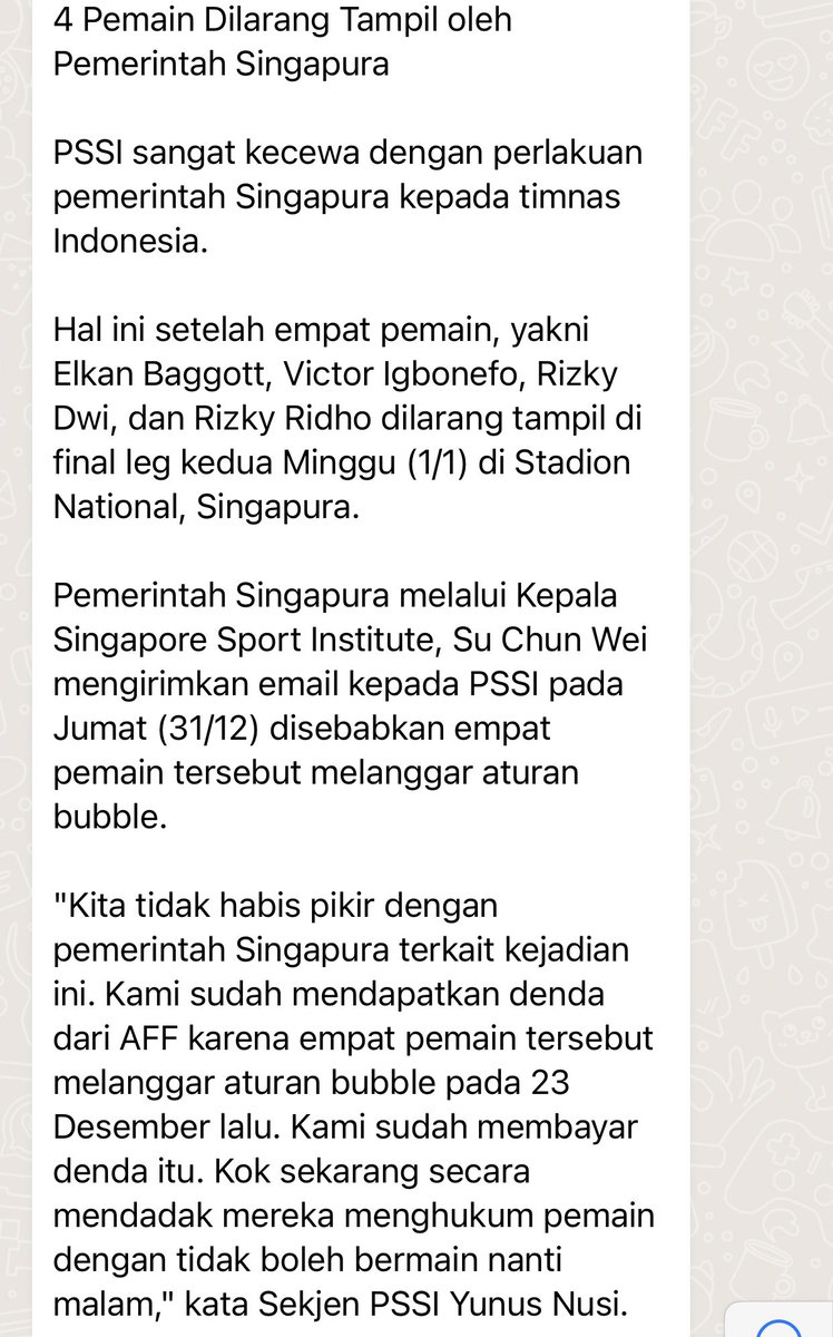 Fandom_ID's tweet photo. Empat pemain Timnas dilarang main di Leg 2 Final #AFFCup2020 

1. Elkan William Tio Baggott
2. Victor Chukwuekezie Igbonefo
3. Rizky Ridho Ramadhani
4. Rizky Dwi Febrianto

Berikut rilis yang kami terima melalui grup Whatsapp. https://t.co/dwyjhZcmjg