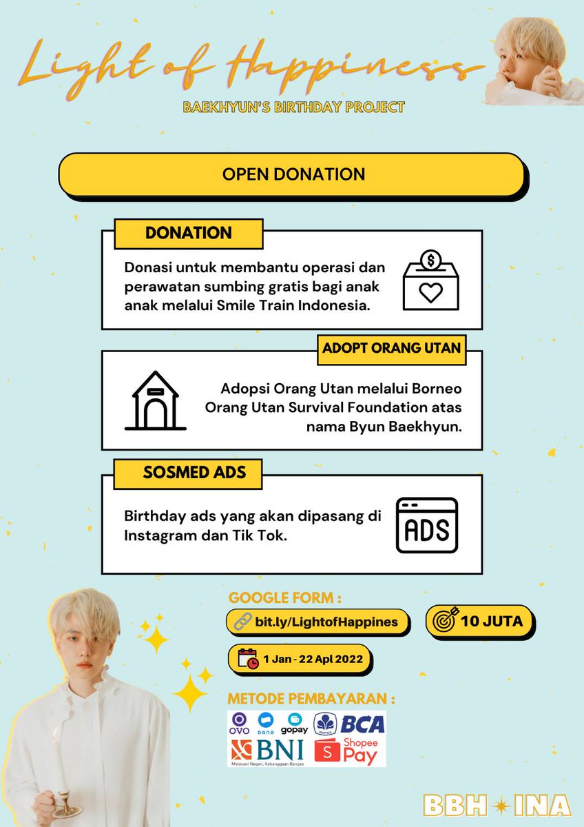 BBHLightsINA's tweet photo. Keuntungan dari projek ini akan kami salurkan dalam tiga target. Untuk mensukseskan projek ini, kalian bisa berdonasi dengan nominal berapapun. Donasi ini akan dibuka sampai tanggal 22 APRIL 2022 jam 23:59 WIB. Dengan target 10 JUTA. 

#BAEKHYUN #백현 @B_hundred_Hyun https://t.co/EnyaaWbLcd