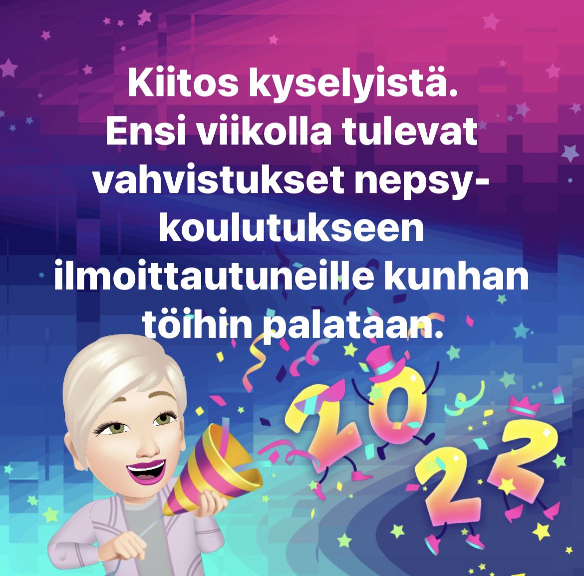 SandbergErja's tweet photo. VIIMEISET paikat vahvuusperustaiseen ratkaisukeskeiseen nepsykoulutukseen täällä:
https://t.co/hkC1gpbbE5 https://t.co/Bezgh7wzrZ